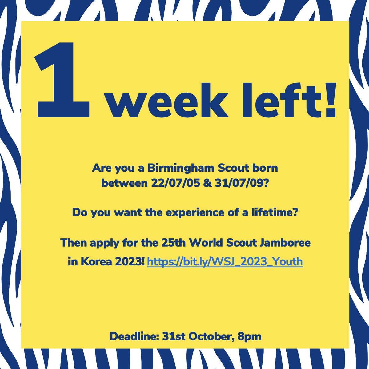 It’s half term so use your time to work on your application! There’s just 1 week left until the deadline! 
bit.ly/WSJ_2023_Youth

#uk25wsj #2023wsjkorea #dreamwild #weareunit84