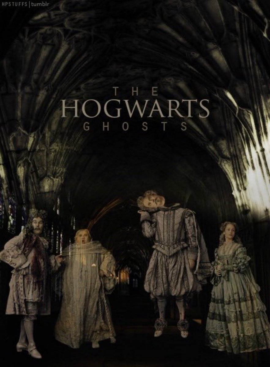 The Four Hogwarts House ghosts! The Bloody Baron, the Fat Friar, Nearly-Headless Nick, and the Grey Lady (from the first film).