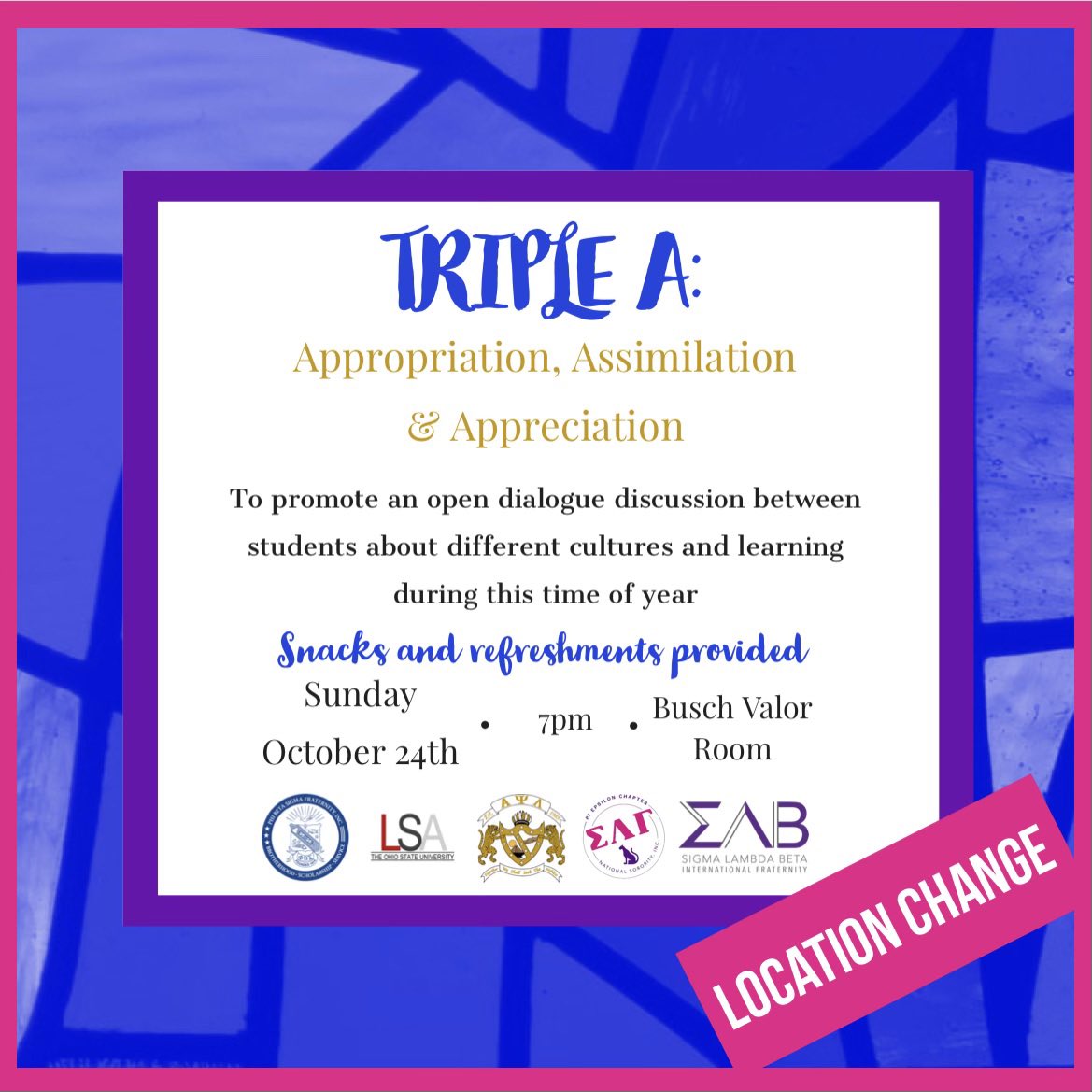 theOSUSigmas's tweet photo. Join us today as we come together to hold constructive discussions to tackle topics within cultural awareness! We will be in the Busch Valor Room located in the Busch House 🎃‼️ Food and Beverages will be provided! https://t.co/31fEjdaTRK