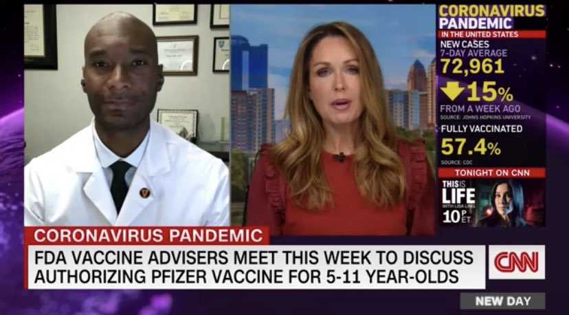 Thank you <a href="/Christi_Paul/">Christi Paul</a> for the conversation on CNN @NewDay to discuss vaccination in children 5-11 and the upcoming FDA meeting on Tuesday. Main points:
- The vaccines are very safe and extraordinarily effective 
- We need to change how we frame the vaccine conversation.
1/