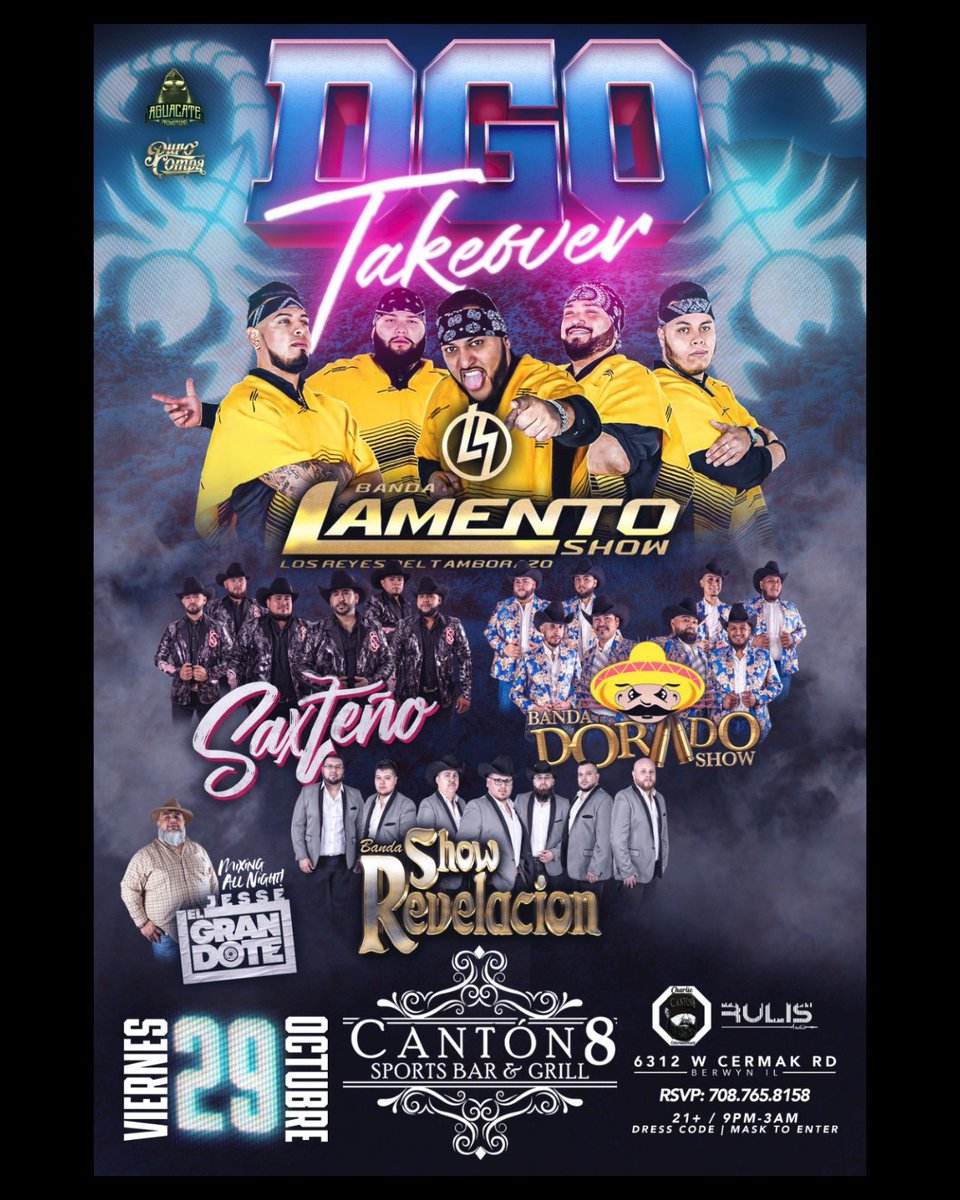 AguacateRecords's tweet photo. @LamentoShow  Weekend Up Next!! 
Friday at #Canton8 in Berwyn
Saturday at #Patron 64 in Villa Pk
Saturday at #LaSierra in Aurora
Saturday at @casa_humilde in Chicago
For Reservations 773.301.9083 
@aguacatepromo @carlosviejonvoz @PuroCompaEnt https://t.co/dQTDLGHk3s
