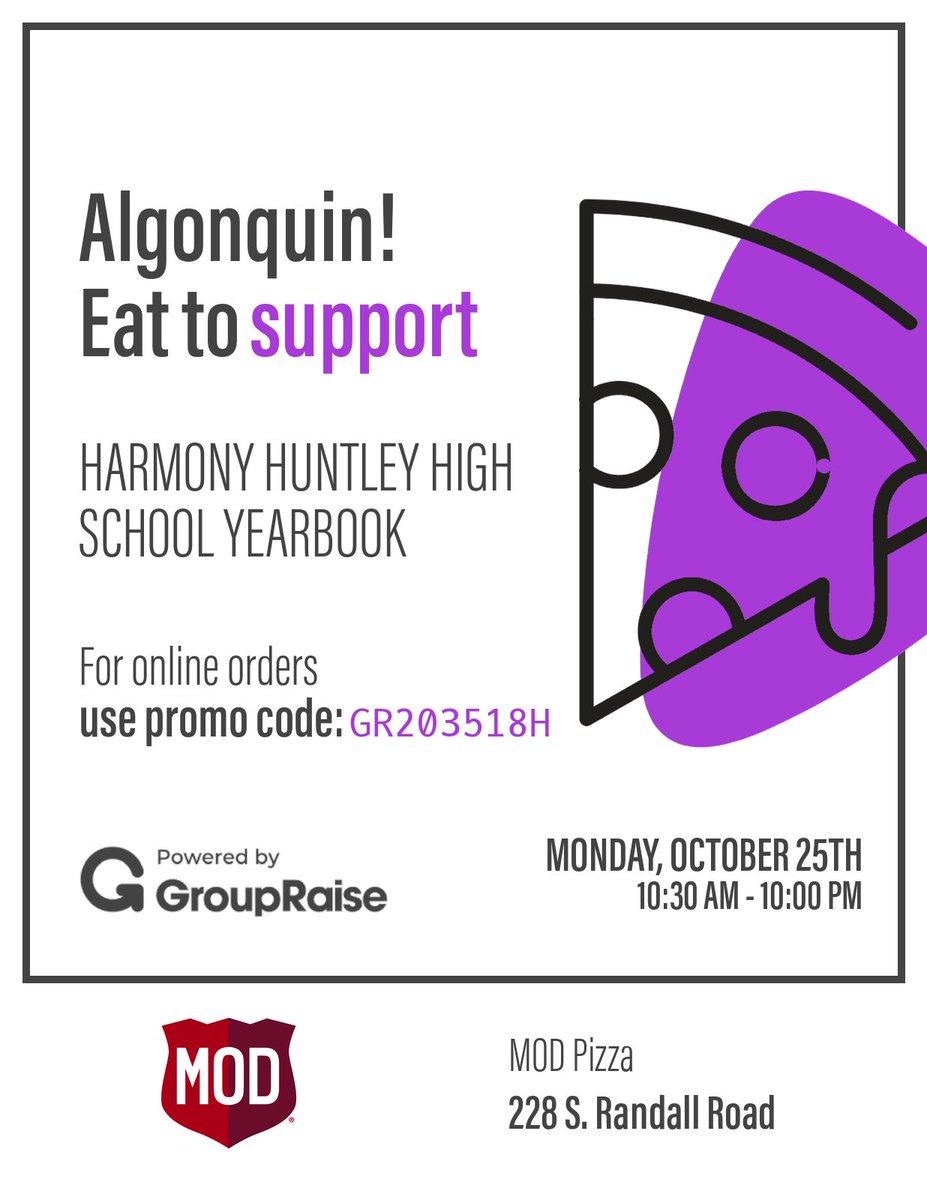 Can’t decide what to have for dinner tomorrow night? Why not head over to MOD Pizza in Algonquin to donate back to Harmony Yearbook! 
Tomorrow, October 25th MOD Pizza, 228 S. Randall Road, will be donating 20% of Takeout, Delivery, &amp; Pickup orders to us!!! Come show your support!