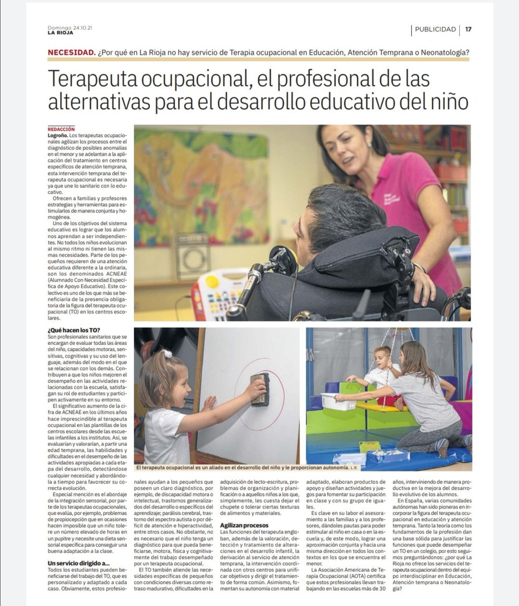 Hoy en Diario La Rioja hablamos de la necesidad del #TerapeutaOcupacional como profesional para el desarrollo educativo del niño