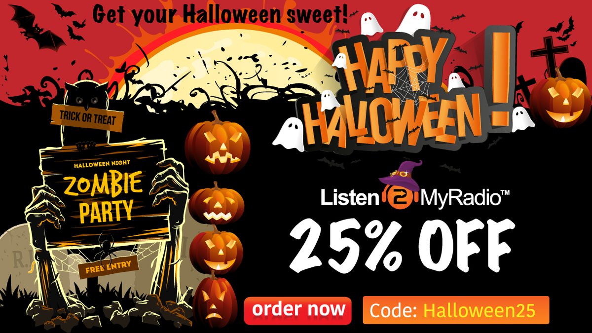 Listen2MyRadio Wishes You a Happy Halloween
Trick Or Treat OFFER!!!
25% Off on Radio/Video Packages and even on Listen2MyApp
This offer is available only on the Halloween Week
Promotion code: halloween25
Get your baskets ready to collect this amazing treat and order now!!