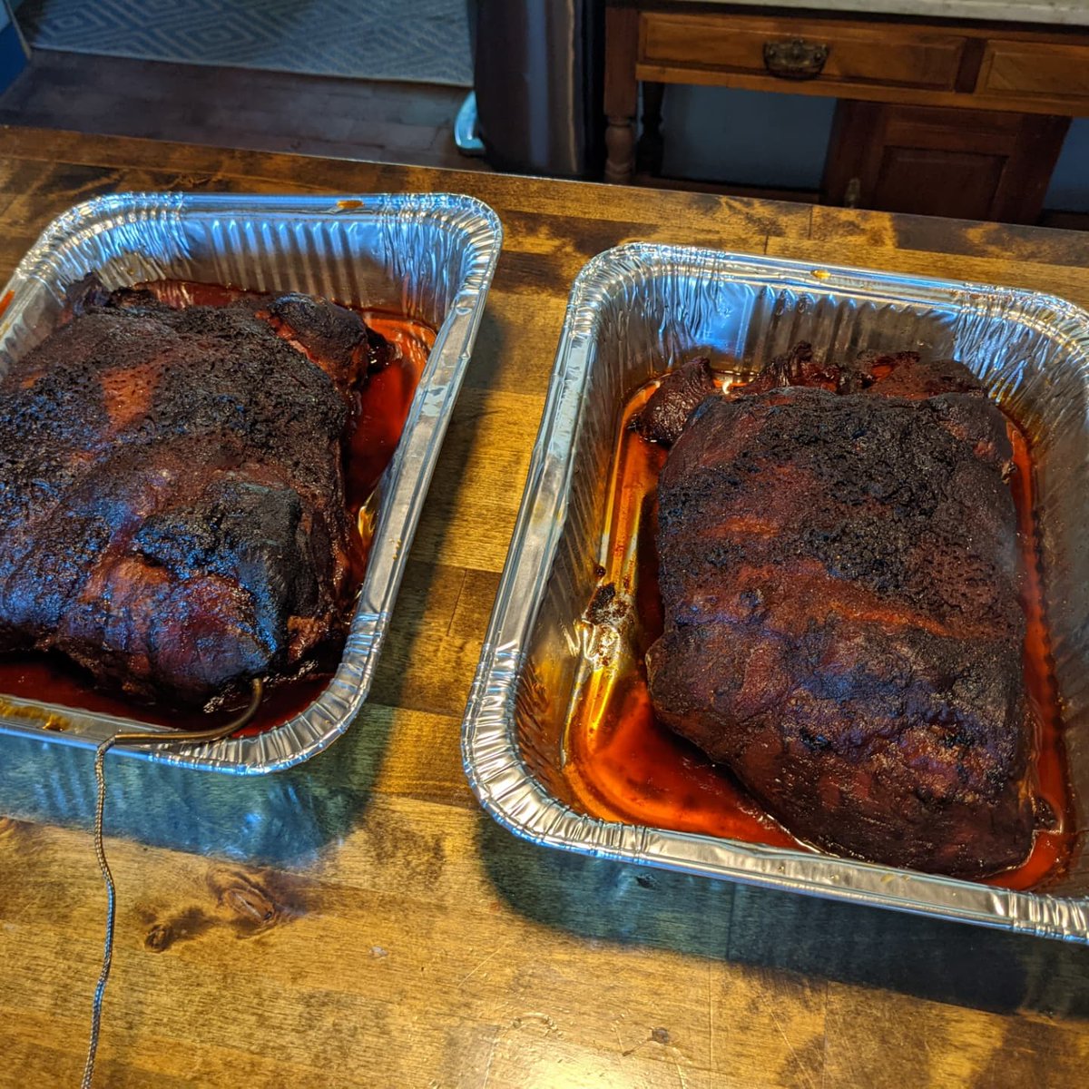 ABDforNM's tweet photo. Yeah this recipe is a keeper, I combined red chile sauce w @MeatChurch  Honey Hog rub to make a paste then smoked it overnight at 185 to 165 on the @TraegerGrills I then added pats of butter topped w brown sugar and more Chimayo red chile powder. #notplayin #nmstyle #hallofflame https://t.co/9fsLvhdTE9