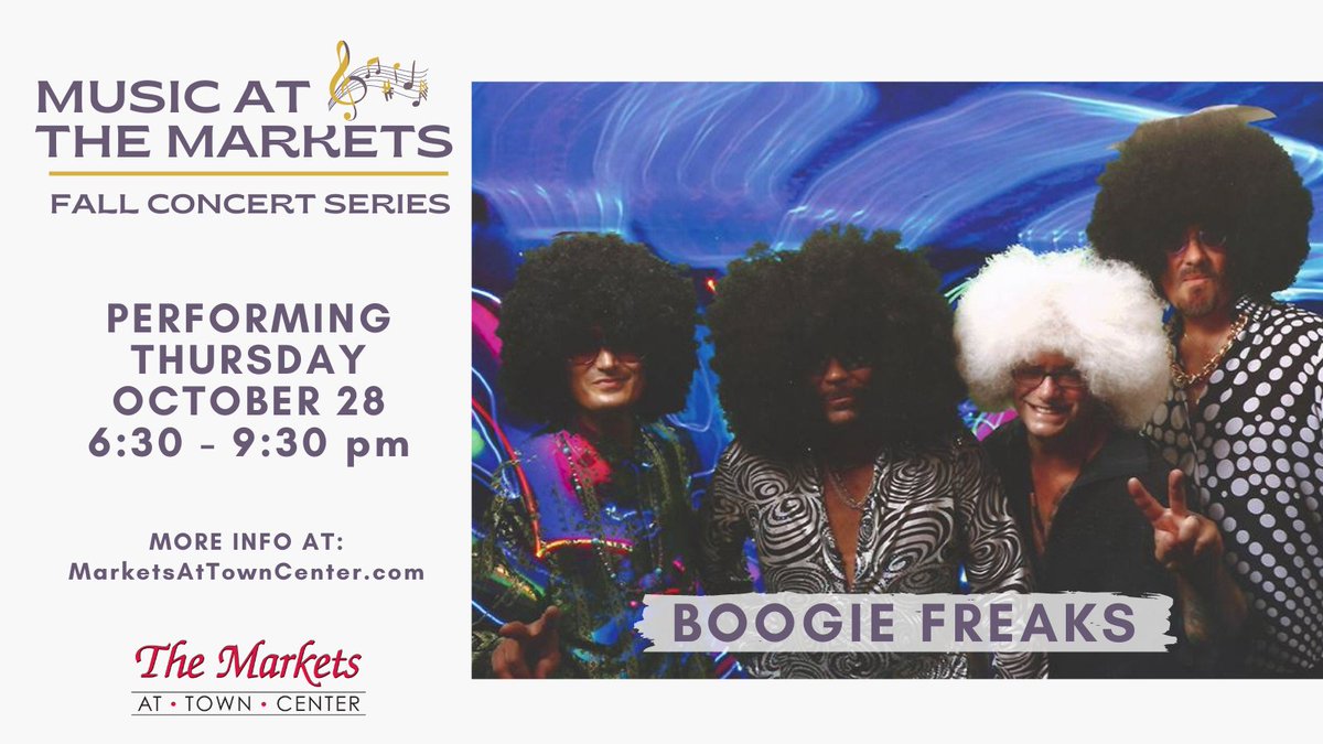 MarketsTC's tweet photo. Disco Halloween!🎃🎵 BOOGIE FREAKS performs this Thursday, Oct 28, at MUSIC AT THE MARKETS Fall Concert Series! Take a trip back to the 70's. Come in costume and ready to dance all night!🤩
6:30 - 9:30 pm | Free 
Food &amp; drinks from PRATI ITALIA
MORE INFO: https://t.co/S0VvWzXmGy https://t.co/p3b1Pb5CKP