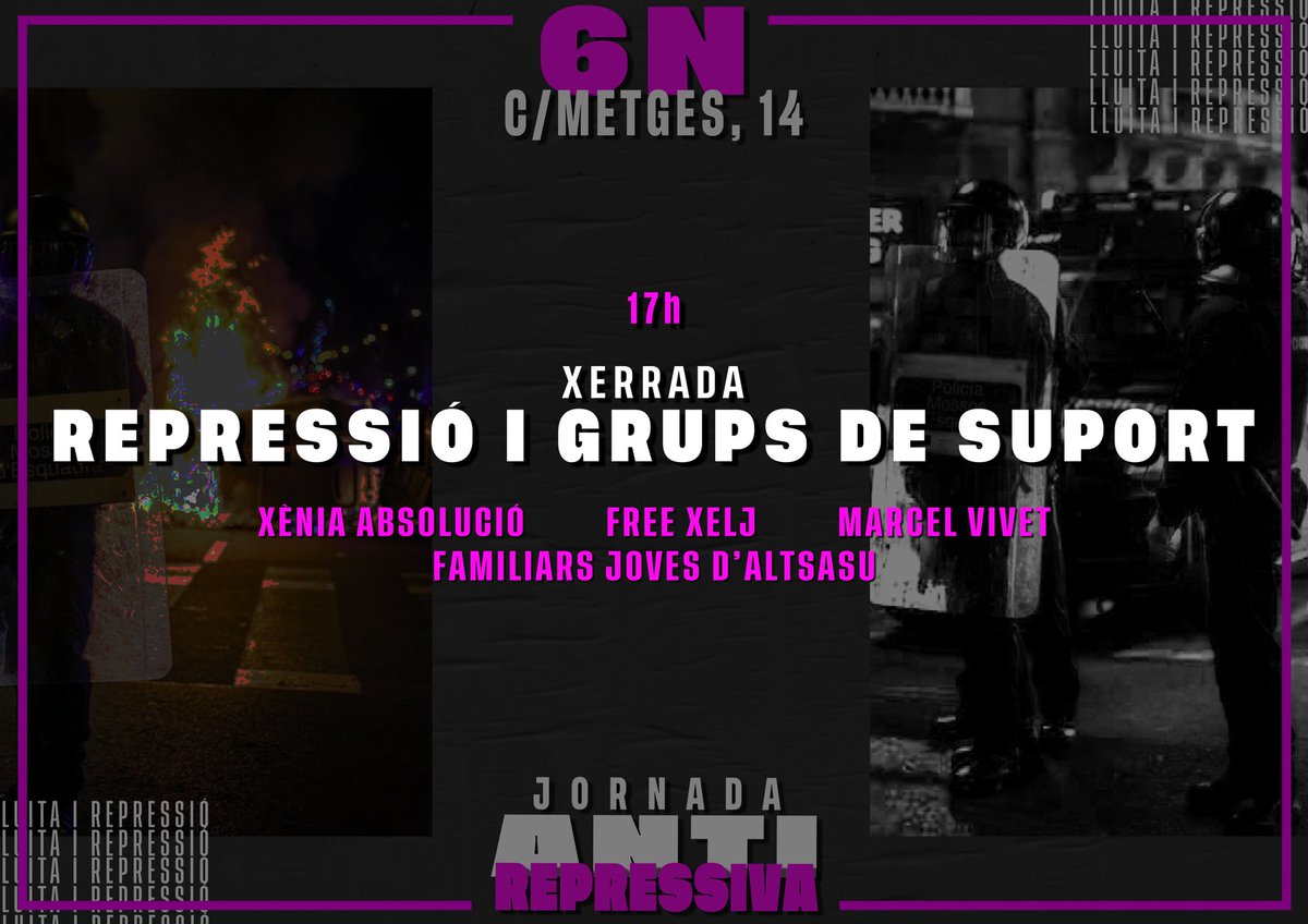 | JORNADA ANTIREPRESSIVA A VALLS |

😏 No en teniu prou?

⚪ 17.00h - Xerrada: Repressió i grups de suport amb @XeniaLlibertat, <a href="/JAbsolucio/">Col·lectiu de Defensa de Represaliades</a>, <a href="/MarcelVR1/">Marcel Vivet Regalón</a> i <a href="/Altsasugurasoak/">Altsasu gurasoak</a>.