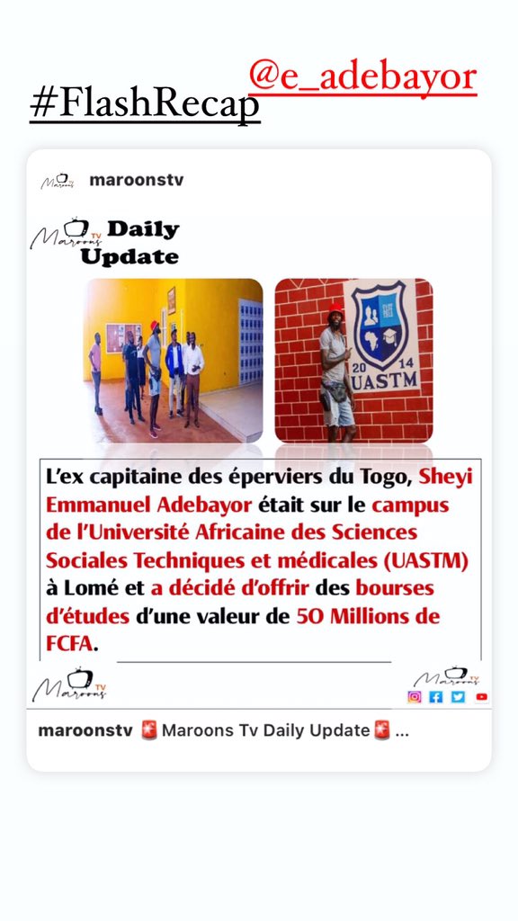 MaroonsTv's tweet photo. The former captain of the Togo hawks, @E_Adebayor was on the campus of the African University of Social, Technical and Medical Sciences (UASTM) in Lomé and decided to offer scholarships worth 50 Million FCFA

#MaroonsTvDailyUpdate
#MaroonsTV https://t.co/wmEwOSkkyn