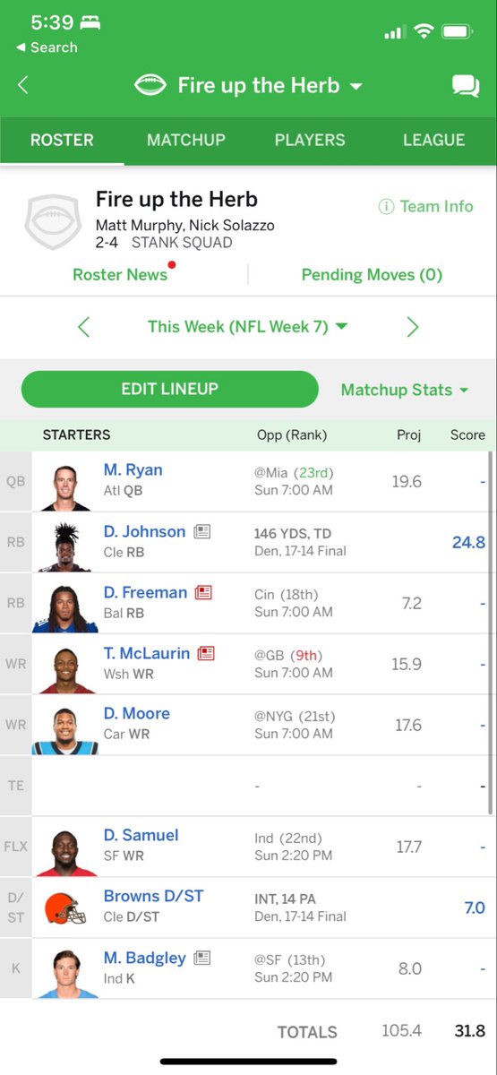 SolazzoSays___'s tweet photo. @MatthewBerryTMR Am I better off leaving TE open and banking a few points with a Kicker or gambling the upside with a FA TE #byemegeddon https://t.co/OsSBgCEDuk