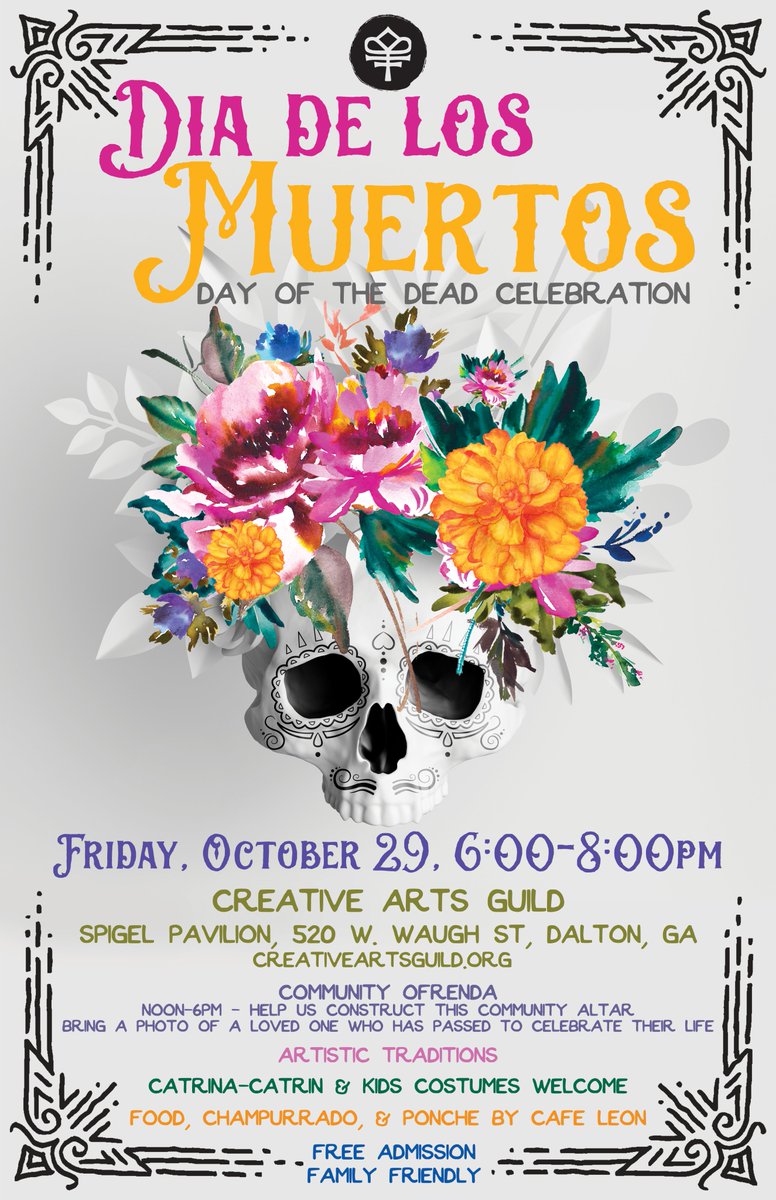 artsguild's tweet photo. FRIDAY, OCTOBER 29, 6-8pm
🌼Free, family-friendly, and open to all!
🕯Add to our community ofrenda
💀Catrina/Catrin and kids costumes welcome
☕️Food, champurrado, and ponche from our friends at Cafe Leon
🍺Other beverages also available
#ThisIsYourGuild #DiadelosMuertos https://t.co/GuBkQratnM