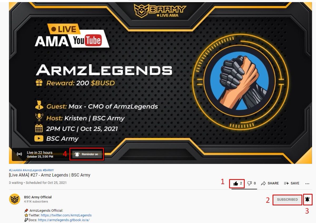 #Barmy &amp; @ArmzLegends will co-host a live #AMA!

⏰ 2PM UTC | Oct 25th

👤 Guest: Max | CMO of ArmzLegends

🎁 Reward: 200 $BUSD

🔘Rules: 
🔸Complete 4 steps in the pic 👇
🔸Like &amp; Retweet
🔸Cmt proof &amp; tag 3 👧 in this Tweet

👉 YT link: youtu.be/2f-ORdUmsuc
Join us!