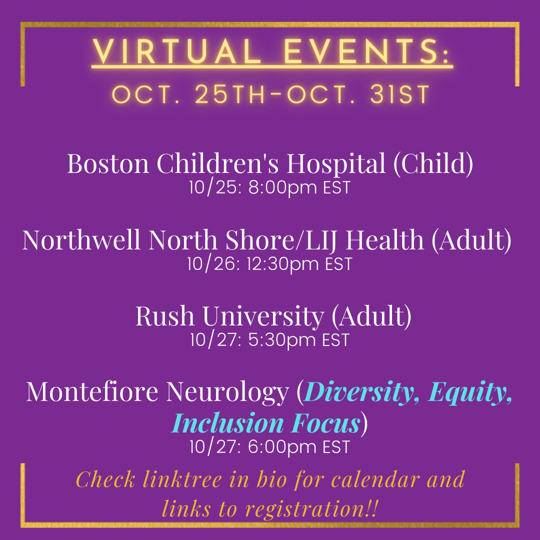 NMatch2027's tweet photo. 🌟VIRTUAL EVENTS THIS WEEK 🌟 🎃

Details in our Virtual Events Calendar ➡️📅
https://t.co/VTZLLsTdUU

@BCHNeuroRes @RushNeurology @NeuroMonteEinst https://t.co/RGxXIq7Hch