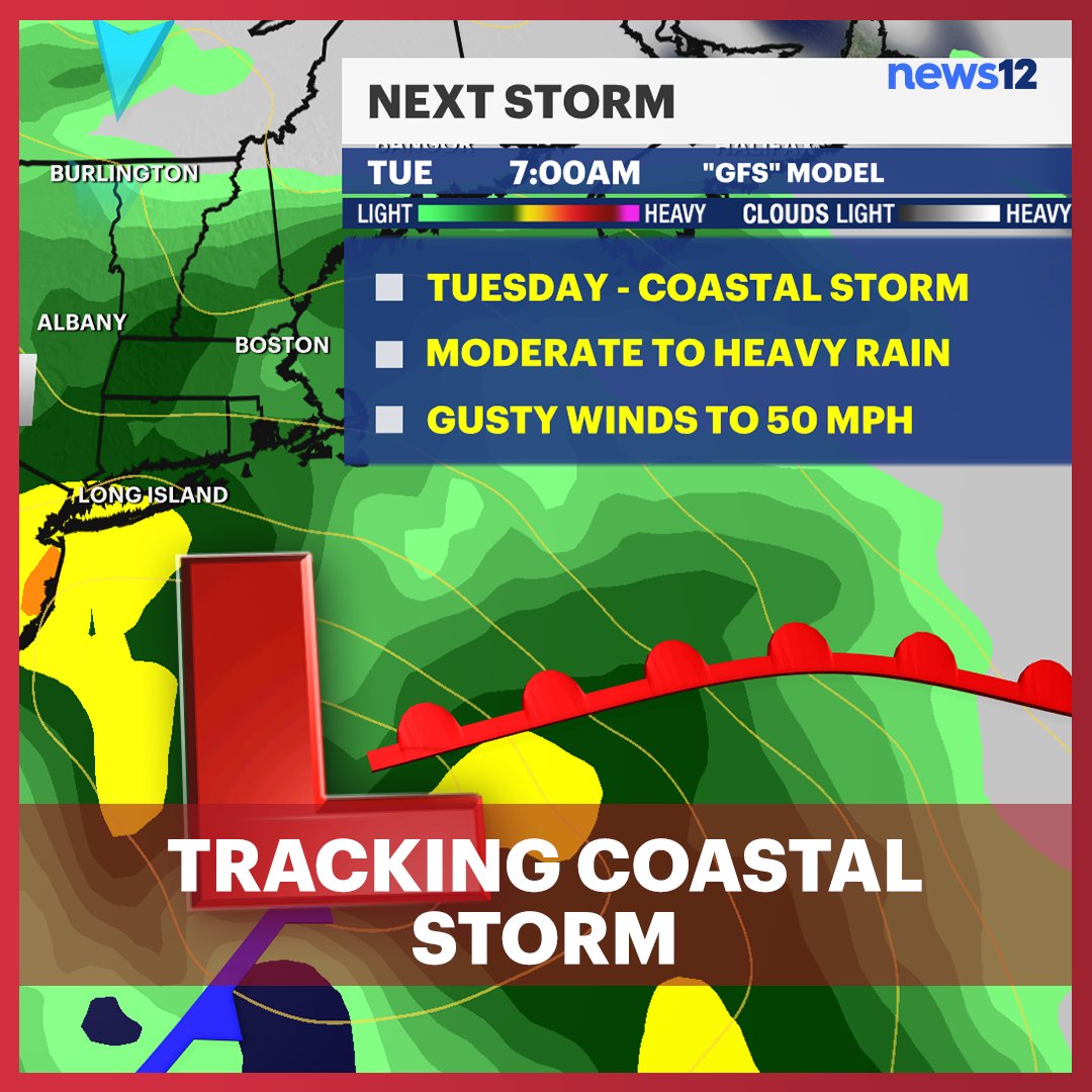 News12LI's tweet photo. STORM WATCH: Coastal storm threatens #LongIsland with strong wind, rain this workweek. Follow #News12 for updates. https://t.co/fmvKvKbf3R https://t.co/xVz4lkl2Tn