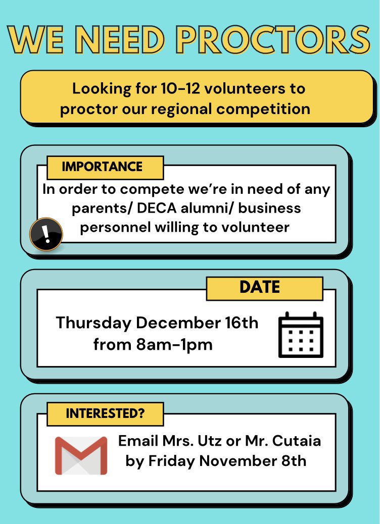 Victor_DECA's tweet photo. In order to compete in the regional competition we need proctors!! 
◇ Please email Mrs. Utz or Mr. Cutaia if you are able and willing to help us out ◇ https://t.co/kzGGBAbXfN