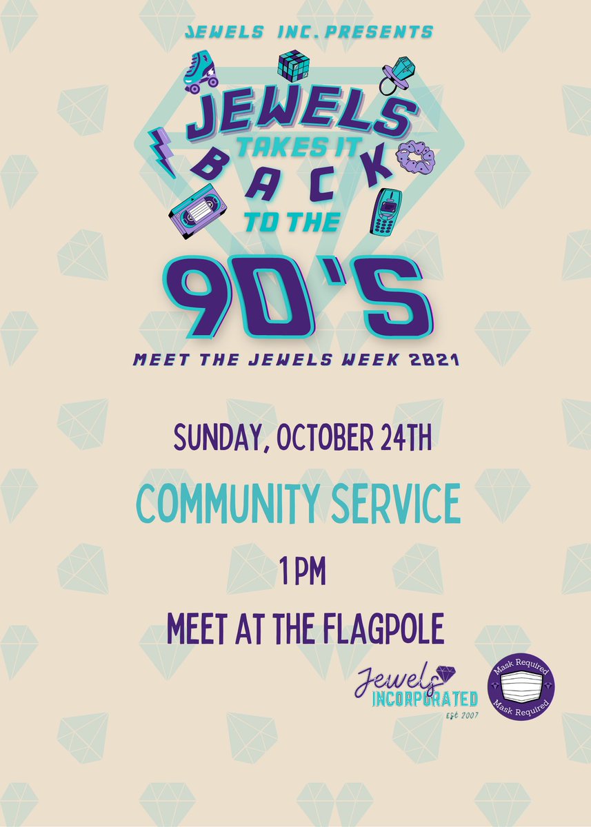 Meet the Jewels Week is finally here! 💎 
Join us for our first event, a community service campus clean up. Meet us at the flagpole at 1pm. Hope you’re ready to meet our sisters as we kick off a week of 90s themed events! Can’t wait to see you there💎💜
#mtjw2021