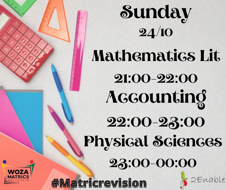 2EnableOrg's tweet photo. Only a few days left before your final exams matriculants. Make us of the daily revision lessons that are taking place on @dbe_tv channel 122 from 9pm-12am.
@DBE_SA @wozamatrics @NRC_NECT
#DBEsupport #classof2021
#matric2021 #DBEsupport https://t.co/m0M5hXu9Pu