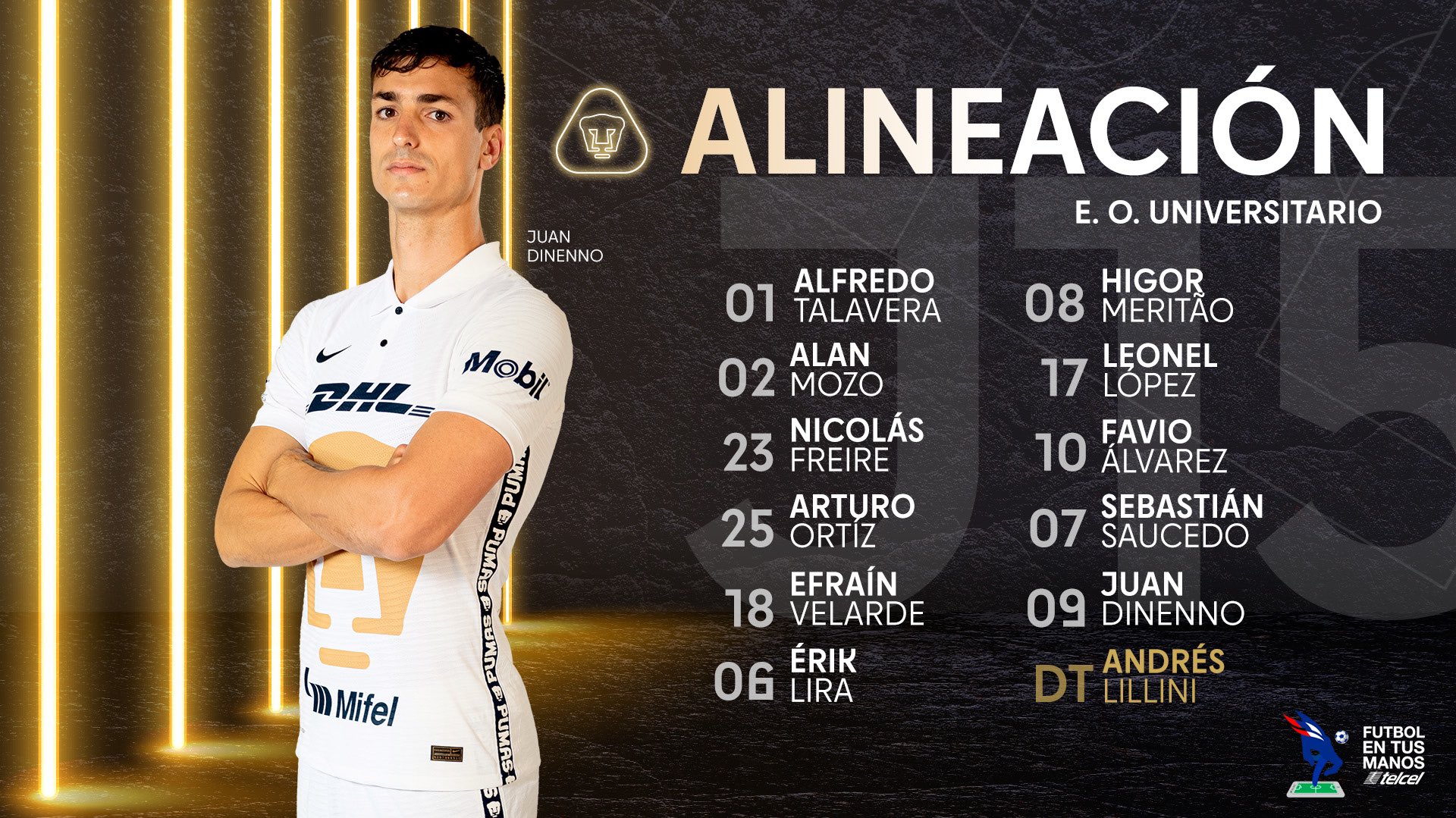 PUMAS on X Esta es la alineacion Telcel que manda nuestro DT Andres Lillini para enfrentar a Xolos ComoDebeSer SoyDePumas https t lscWodc2Nf X