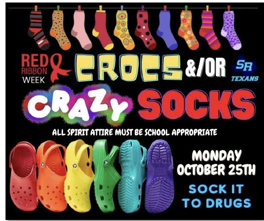❗️TOMORROW❗️ Let’s kick off RED RIBBON WEEK with wearing your Crocs &amp;/or CrAzY 🧦! <a href="/SamRayburn_HS/">Sam Rayburn High School</a>