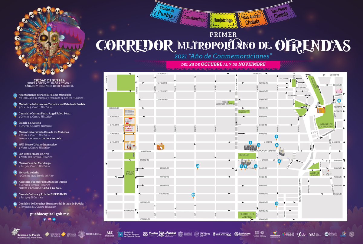 Cultura_BUAP's tweet photo. 🏵 Conoce las 25 sedes que conforman el Primer Corredor Metropolitano de Ofrendas 💀 de Puebla.

La @BUAPoficial te espera en @museounibuap de los Muñecos hoy y hasta el 7 de noviembre de 10:00 a 20:00 horas. 

#CulturaBUAP https://t.co/cvaHK7cSAq
