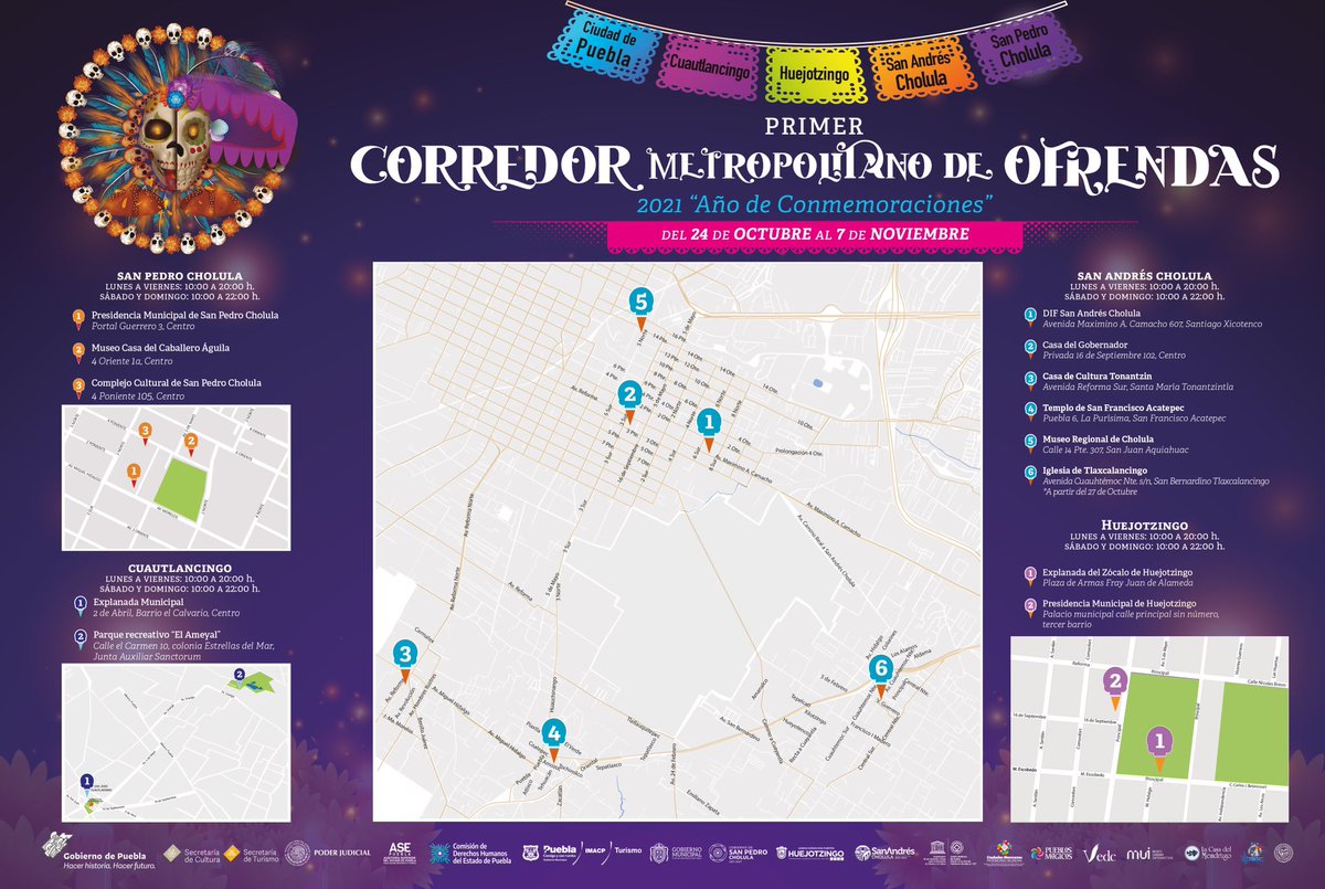Cultura_BUAP's tweet photo. 🏵 Conoce las 25 sedes que conforman el Primer Corredor Metropolitano de Ofrendas 💀 de Puebla.

La @BUAPoficial te espera en @museounibuap de los Muñecos hoy y hasta el 7 de noviembre de 10:00 a 20:00 horas. 

#CulturaBUAP https://t.co/cvaHK7cSAq