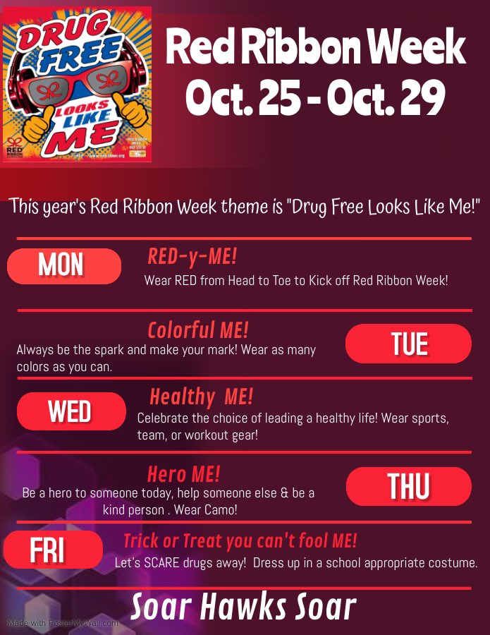 This year the Red Ribbon Week theme is “Drug Free Looks Like Me!”
Let’s celebrate leading a healthy lifestyle by joining in on the dress up days for this week. <a href="/krisd_roland/">Kris</a> <a href="/ambermhope/">Dr. Amber Hope</a> <a href="/hawkpta/">Hudson PTA</a> <a href="/Hudson_Hawks/">Hudson Middle School</a> <a href="/gisdcounseling/">GISD Guidance and Counseling</a>