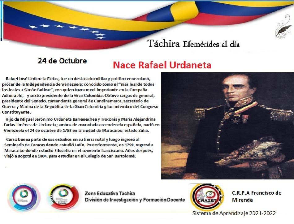 #Efeméride || #24Oct Nace Rafael Urdaneta.

➡️Fue un destacado militar y político venezolano, prócer de la Independencia de Venezuela; conocido como el "más leal de todos los leales a Simón Bolívar", con quien tuvo un rol importante en la Campaña Admirable. 
#VacunarseEsVida