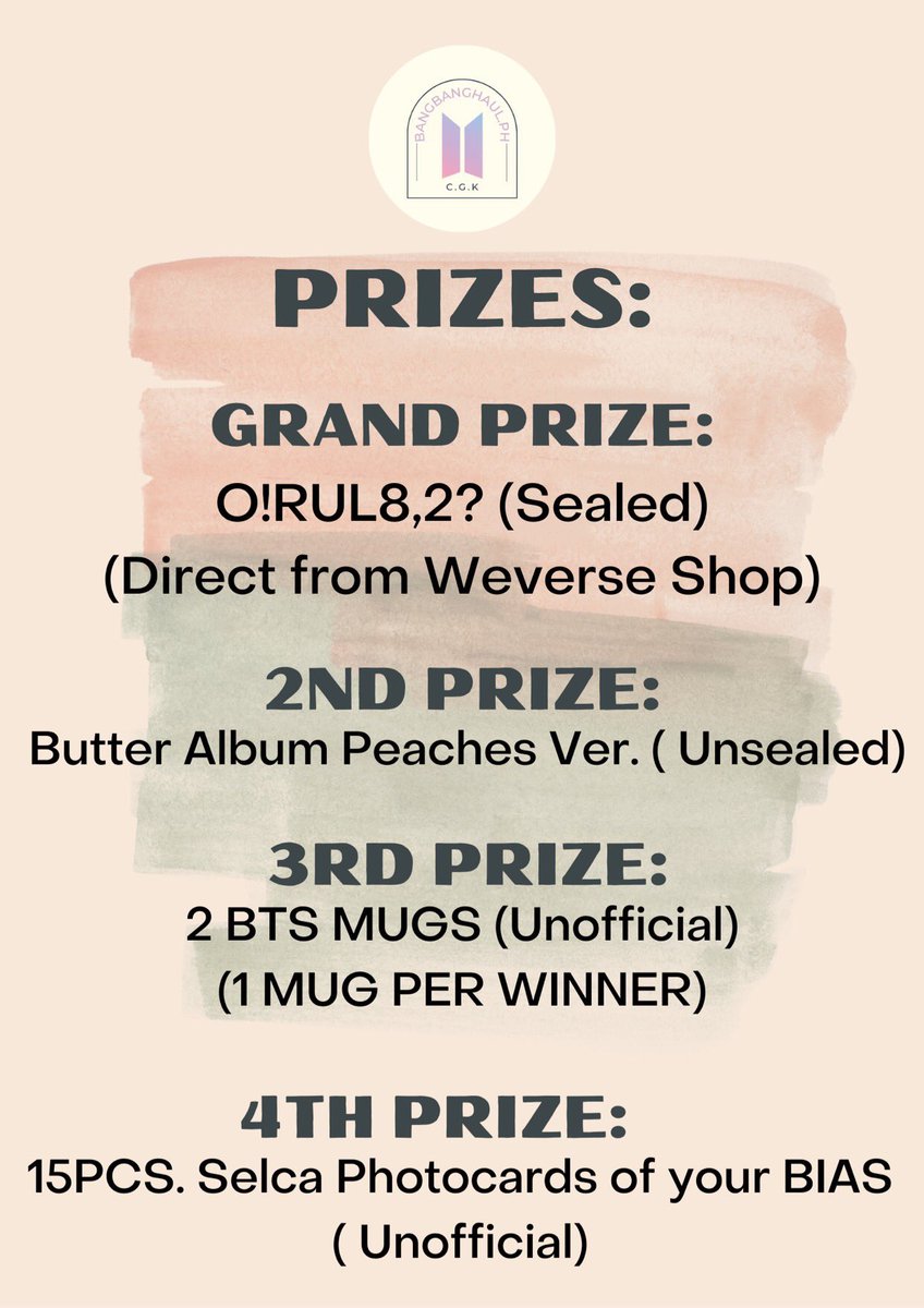 bangbanghaul's tweet photo. CGK https://t.co/xYewTKpGtm 1ST GIVEAWAY ✨

Our shop will have an opening giveaway ✨💜 Join us and get a chance to win the following:

Prizes for CGK MINERS:
1 Sealed Album ( ORUL82!?)
-  ANSWER THIS QUESTION “ How did you become an ARMY &amp; your message/wish to Bangtan 💜 https://t.co/AnzSxVELcU