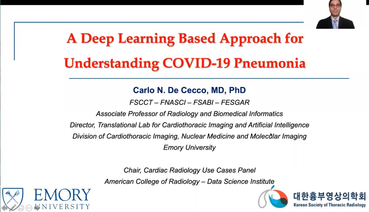 DeCeccoCN's tweet photo. Thank you to the Korean Society of Thoracic Imaging #KSTR for inviting me as honorary guest in the annual conference.
It was a pleasure to illustrate our effort at #Emory #heart_ai_lab in collaboration with #GaTech to develop #AI algorithms to tackle #COVID19 @EmoryRadiology https://t.co/ni2f06upZv