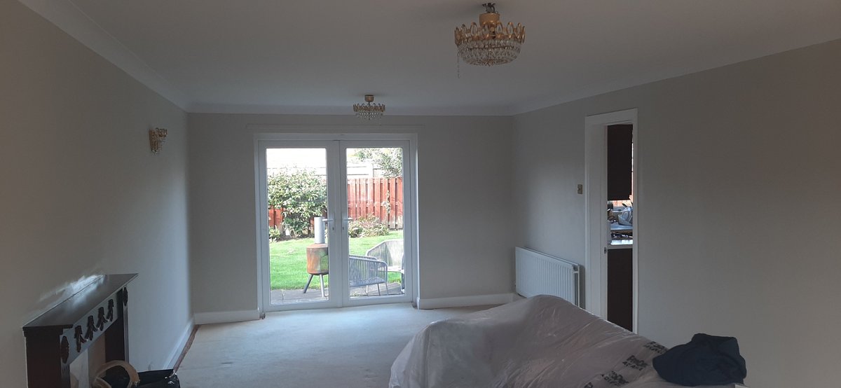 Large living room in whitebridge Park, gosforth, ceiling finished in tikkurilla super white flat matt,walls in f&amp;b skimming stone, Woodwork in helmi 10 brilliant white