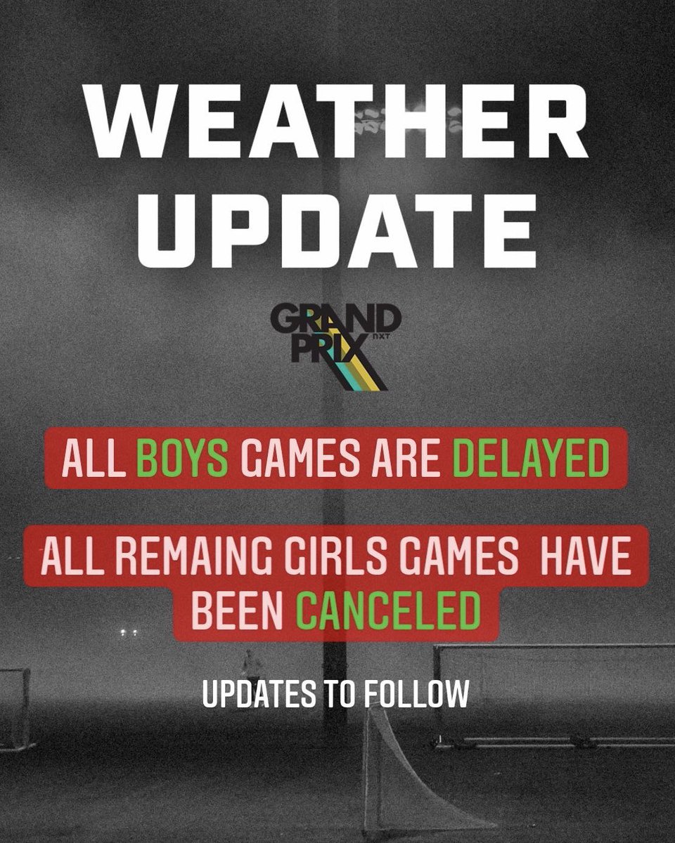 NXTlacrosse's tweet photo. 🚨 WEATHER UPDATE 🚨

We have entered a lightning delay at @GrandParkSports. 

All BOYS games have been DELAYED. 

All remaining GIRLS games are CANCELED. 

#NXTGRANDPRIX https://t.co/7MTuenoE7L