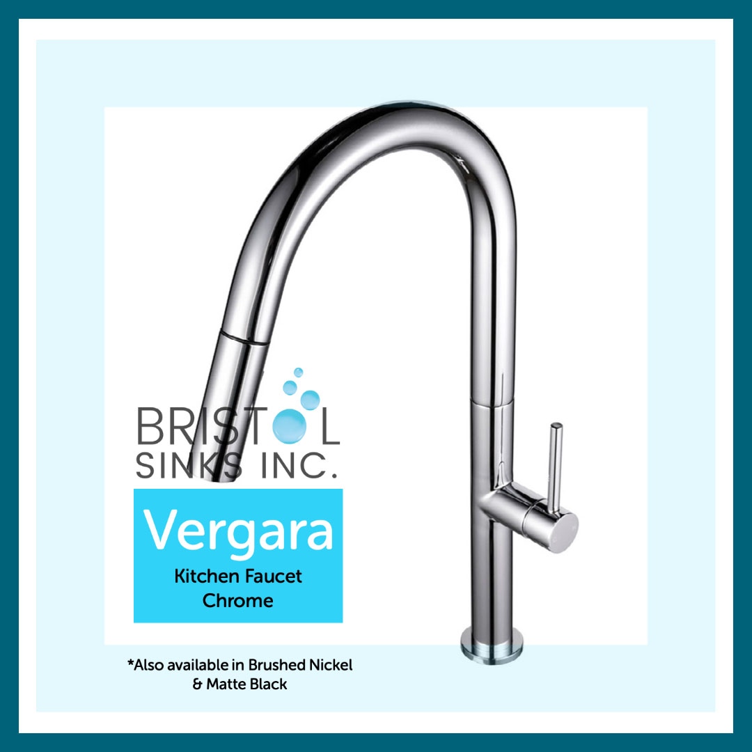 The Vergara elegant faucet features a modern and minimalistic design with a high-arc form. This highly functional faucet features a pull-down spray head for extended reach and motion.