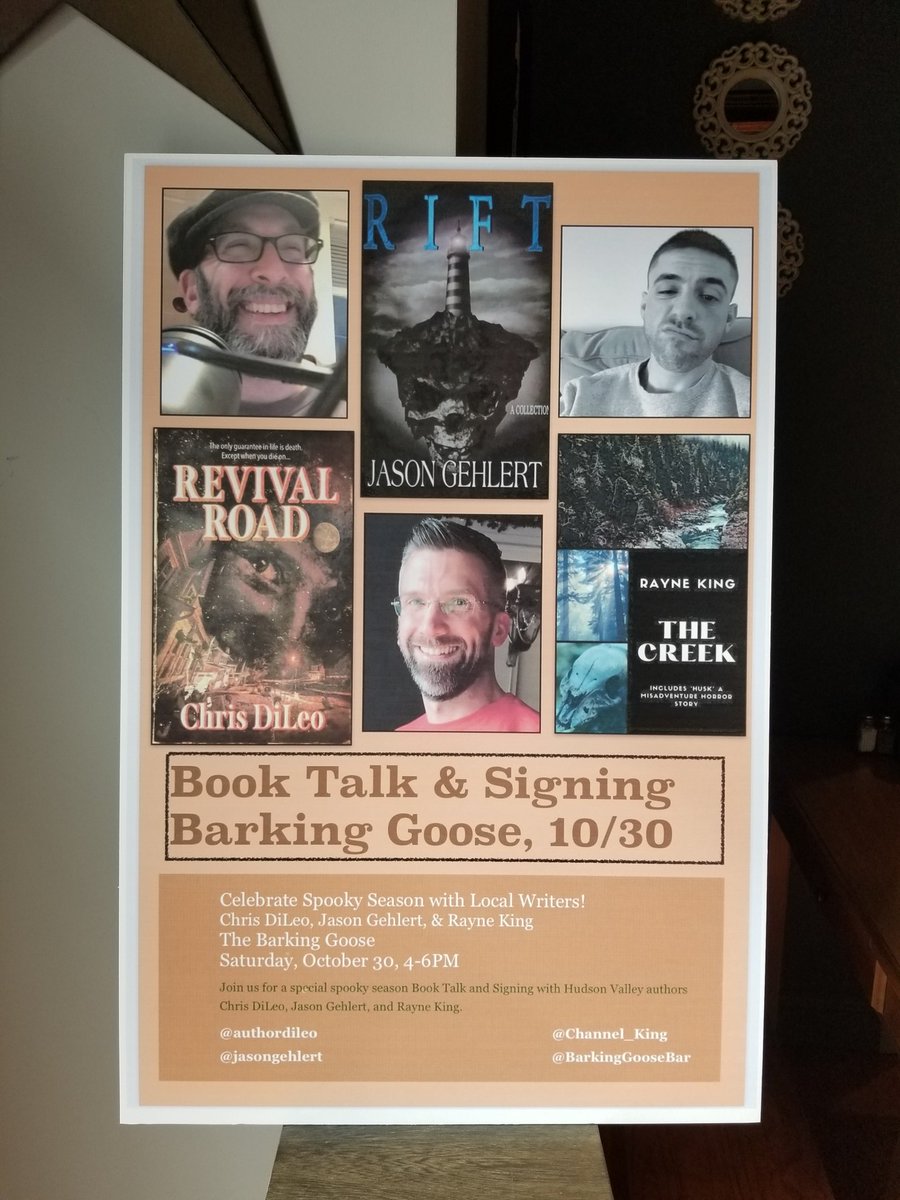 BarkingGooseBar's tweet photo. Come meet these local authors and hear their scary stories! Halloween weekend here at The Barking Goose! #barkinggoose #bookbar #newburgh #eatsipandread #indiebookstore #craftbeer #wine #thefriesareprettygoodhere #hudsonvalleyevents #scarystories #halloween #localauthors #horror https://t.co/WO6catNc3q