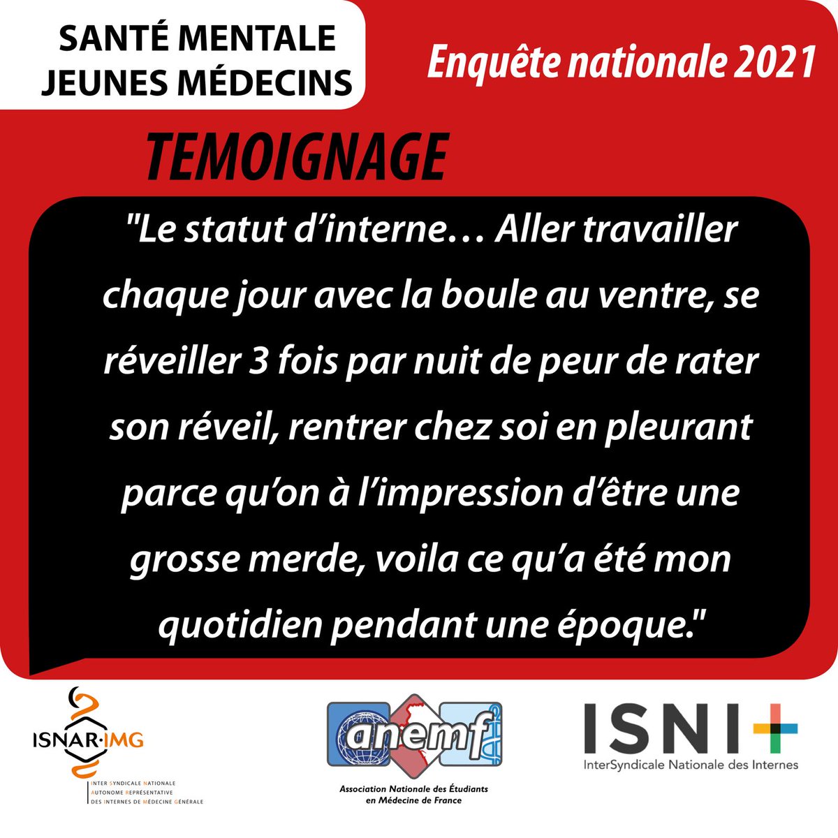 [Enquête Santé Mentale 2021]
Plusieurs témoignages font état d'épuisement, de troubles du sommeil, d'une mauvaise estime de soi, d'idées noires...

📅 J-3 avant la révélation des résultats à l'Assemblée Nationale.
#JeunesMedecinsSacrifies #PatientsEnDanger
#ProtegeTonInterne
