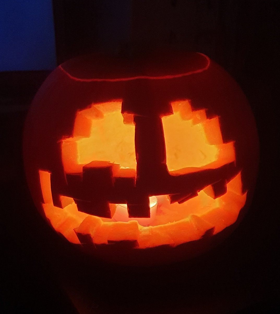 Jayyc1996's tweet photo. My first ever attempt at a pumpkin carving #halloween #pumpkin #pumpkincarving #minecraft #minecraftpumpkin #spoopy #halloween2021 https://t.co/cogOYd1Dii