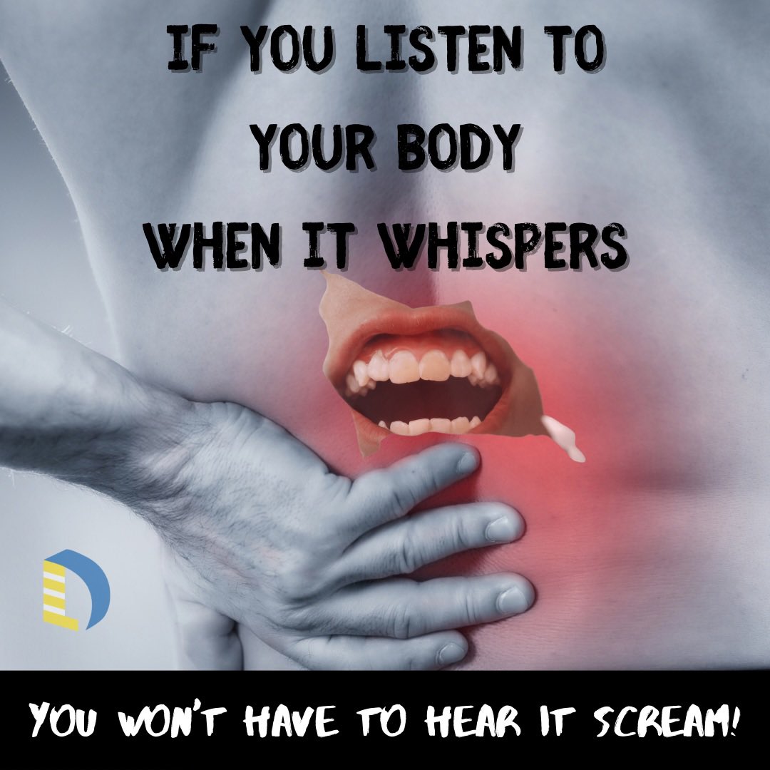 D_SoftTissue's tweet photo. Listening to your body is one thing we tell almost every patient…

Feeling tight or achy is your bodies natural way of saying somethings not happy currently.  

This is the whisper before the scream. 

Spasms and pain is the bodies way of screaming.  

#listentoyourbody https://t.co/gIVpBSqTnA
