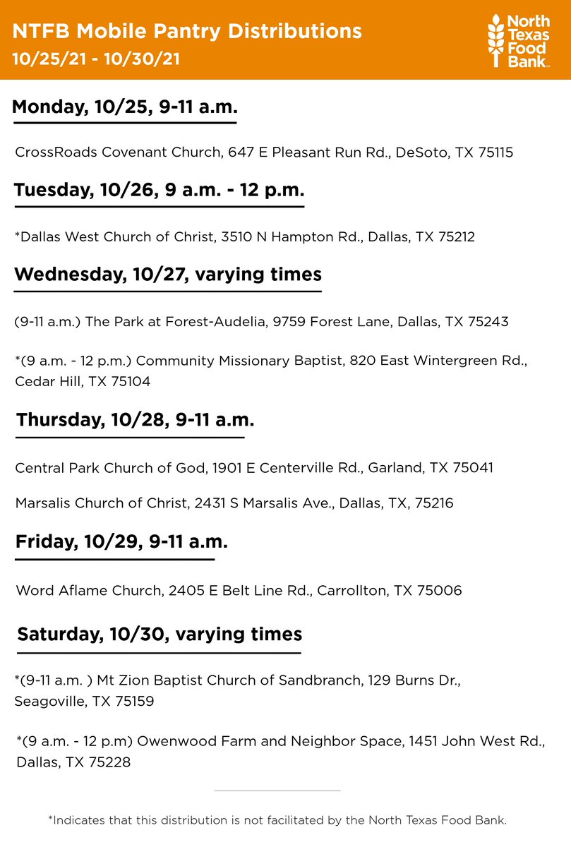 ntfb's tweet photo. NTFB's Drive-Thru Mobile Pantry will be at the following locations this week. All food will be distributed on a first-come, first-serve basis. If you do not have a vehicle or need other options for food assistance, visit https://t.co/X5TPTzf16X. https://t.co/uhepVBiCfp