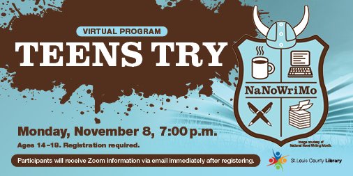 SLCL's tweet image. Teens–get novel writing tips and enjoy fun activities in celebration of National Novel Writing Month during this online program: ow.ly/Fefb30rWKXZ