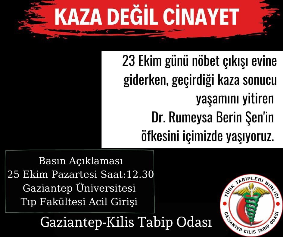 Tüm meslektaşlarımızı 25.10.2021Pazartesi günü saat 12.30'da GAÜN tıp  fakültesi  acil girişinde  meslektaşımızı anmaya,haklarımıza sahip çıkmaya çağırıyoruz. #yorgundoktorlarölüyor