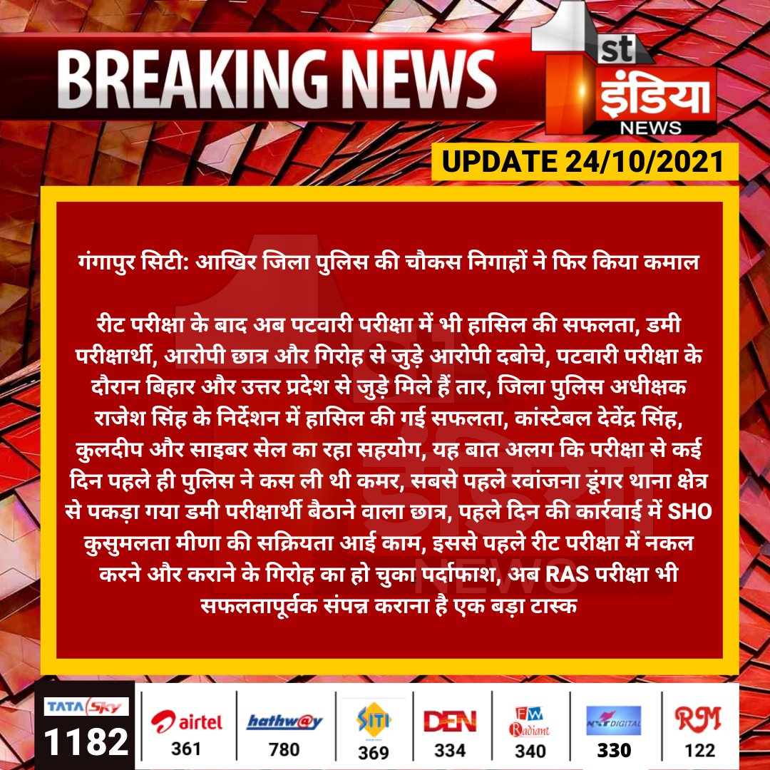 1stIndiaNews's tweet photo. #गंगापुरसिटी: आखिर जिला पुलिस की चौकस निगाहों ने फिर किया कमाल
रीट परीक्षा के बाद अब पटवारी परीक्षा में भी हासिल की सफलता, डमी परीक्षार्थी, आरोपी छात्र और गिरोह से जुड़े आरोपी दबोचे.....
#SawaiMadhopur #patwarexam @patrakarsandeep @SPsawaimadhopur https://t.co/6J4fPG1qbV
