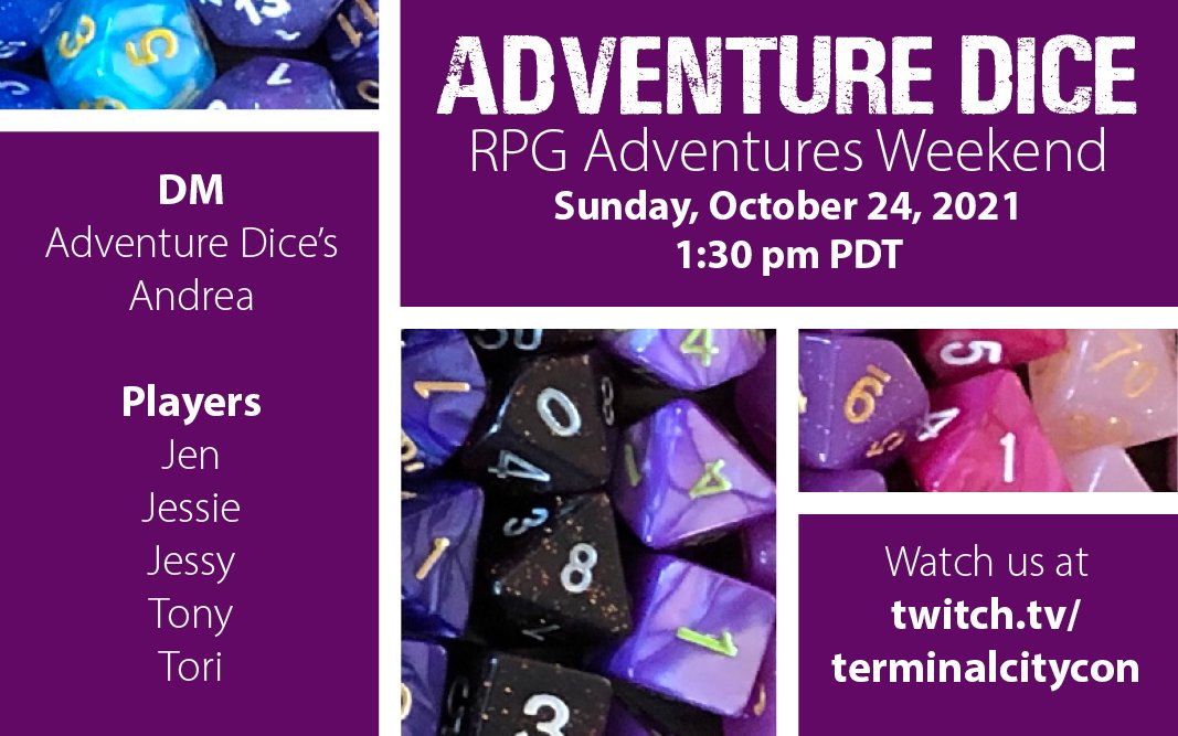 AdventureDice's tweet photo. Join us live at 1:30 pm PDT today for some D&D! Watch at https://t.co/3AUE0SoCVI
DM'd by AdventureDice's @wisdomcheck, with players @sockies1, @jessielynne__, @jessyboros from @dmsofvancouver, @storytimebiondi, and @Rivers_dream. #AwSHUX https://t.co/dgQKdXEJhM