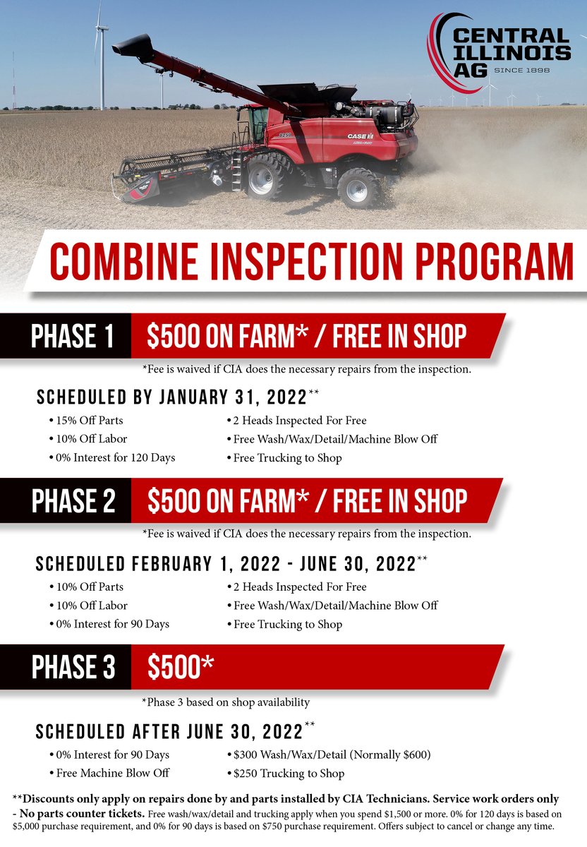 Have you scheduled your FREE combine inspection yet?? Don't miss out on these Phase 1 deals!