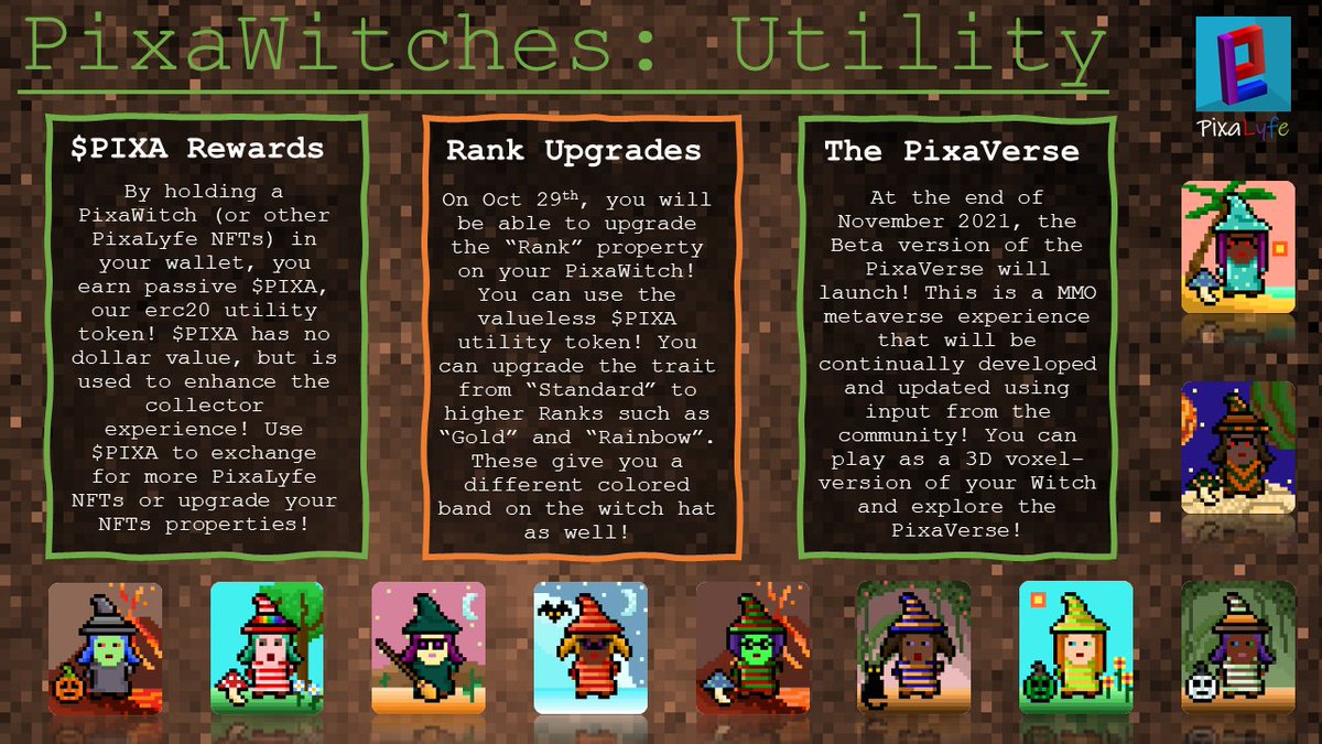pixa_nft's tweet photo. The #PixaWitches have a ton of utility!

✅Passively earn $PIXA rewards!
✅Upgrade the "Rank" trait to customize your witch!
✅Play as a vox-version of your witch in the PixaVerse (in development)!

#nftcollector #NFTs #NFTartist #Cryptoart #NFTcommunity https://t.co/nryTYuKIuQ