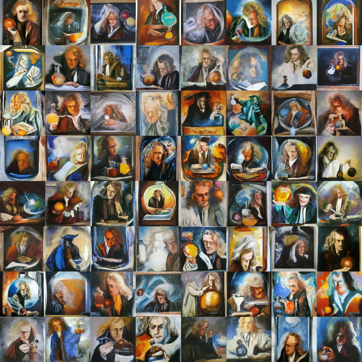 Prompt: "Isaac Newton the alchemist, oil painting" (CLIP guided 256x256 WikiArt diffusion)