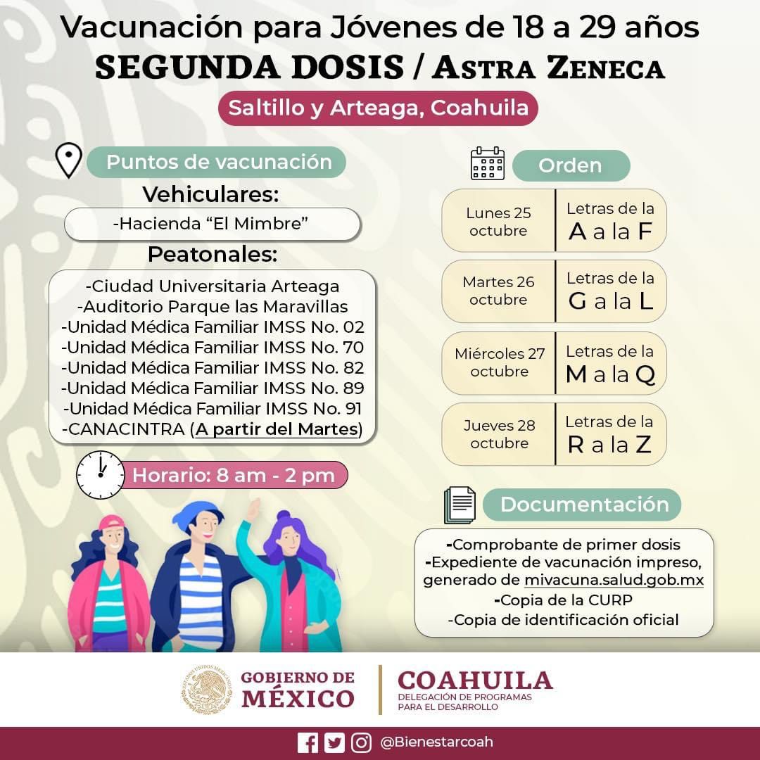 SigloCoah03's tweet photo. #QueNoSeTePase El lunes inicia la aplicación de la segunda dosis de la vacuna Astra Zeneca a jóvenes de 18 a 29 años de edad en #Saltillo y #Arteaga https://t.co/7GdosJ7A39