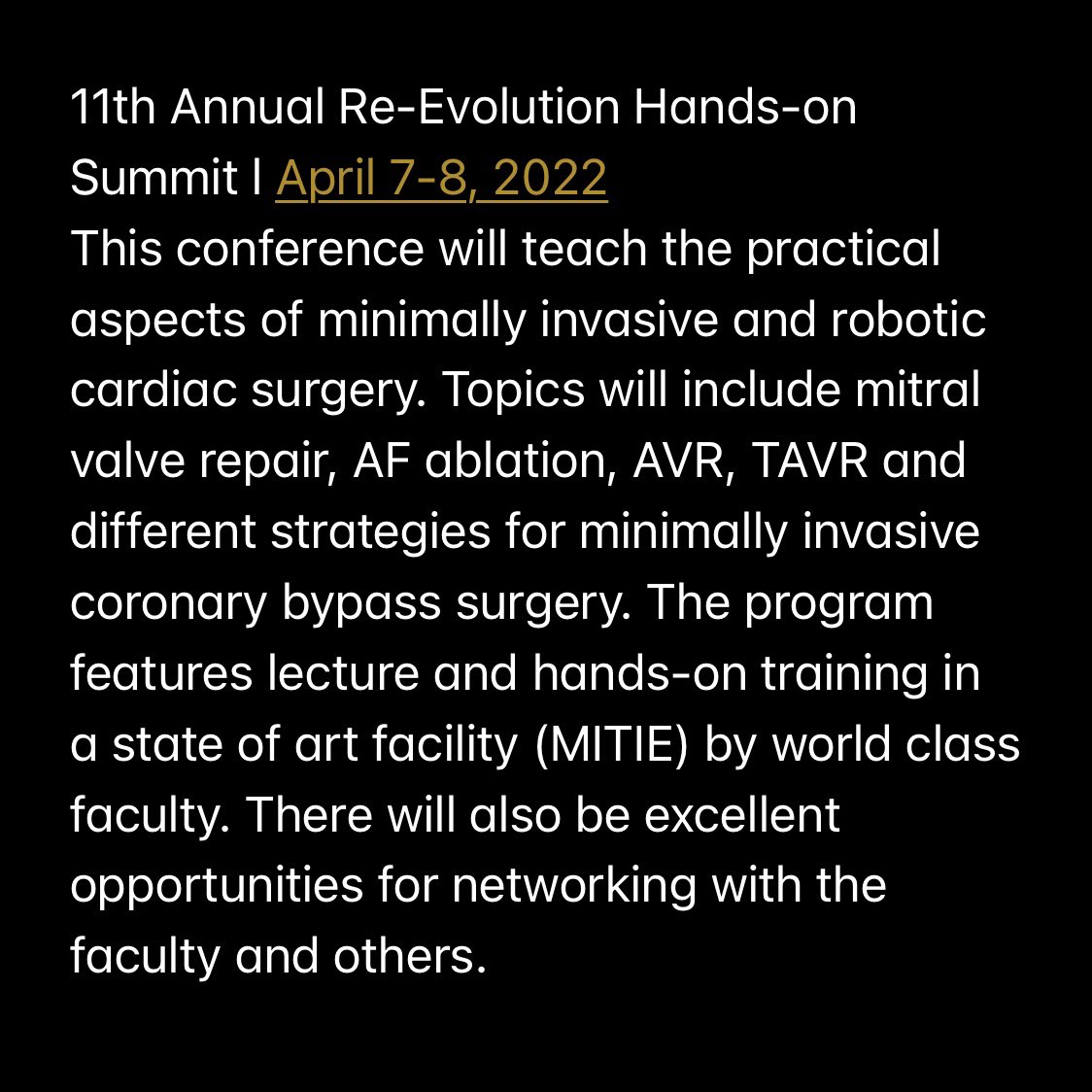 DrMoritzWvB's tweet photo. 🫀MARK YOUR CALENDAR🫀
April 7 &amp; 8, 2022 - Houston, TX

Thrilled to announce the return of our Re-Evolution Summit - The Ultimate Hands-On Training opportunity in minimally-invasive cardiac surgery! 
With faculty from North America &amp; Europe, learn from the best in #MICS. #REEV22 https://t.co/qUovdfs4nn