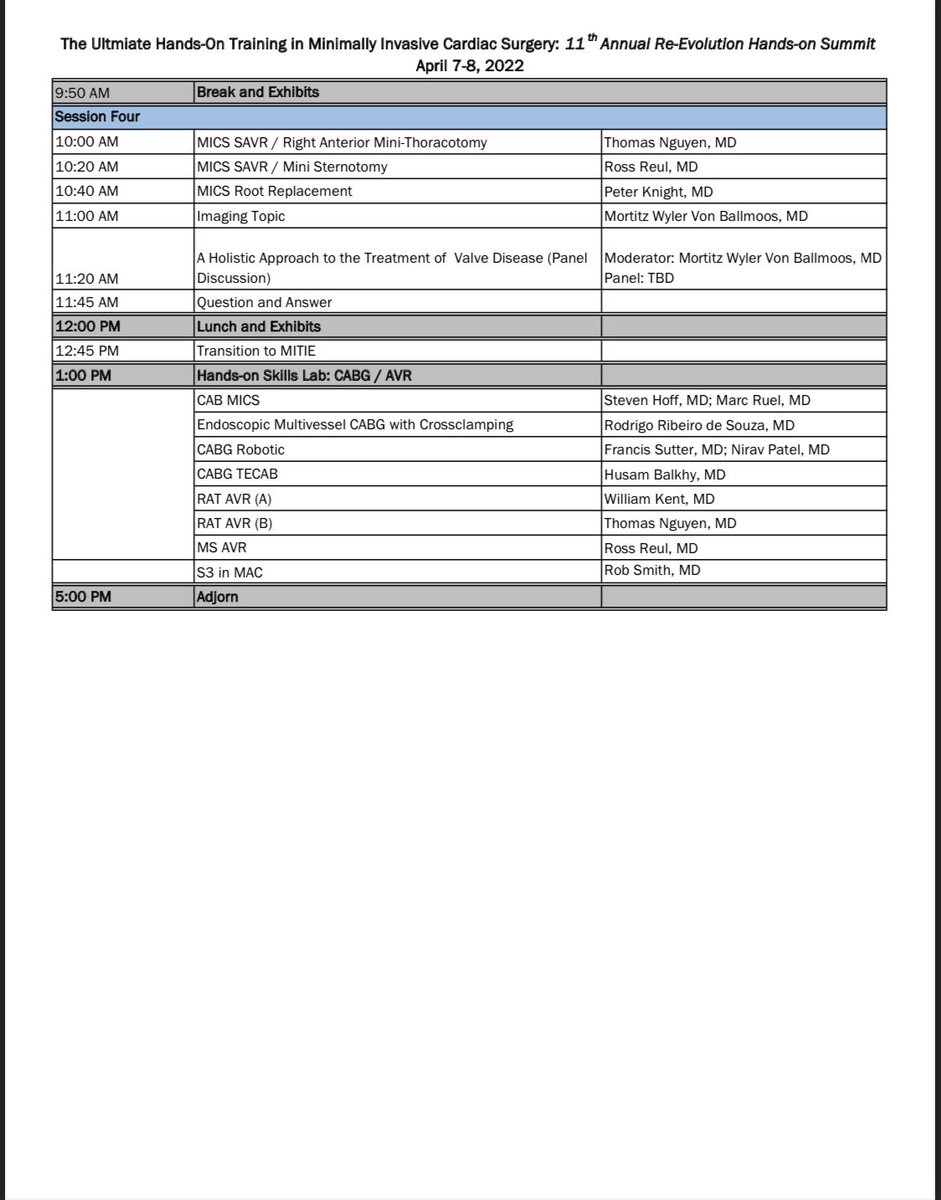 DrMoritzWvB's tweet photo. Take a look at the agenda for the 11th Re-Evolution Summit - The Ultimate Hands-On Training in #MICS here ⬇️!

April 7 &amp; 8, Houston, TX @DeBakeyCVedu @HMethodistCV 

Learn MICS procedures step-by-step with KOL at the incredible MITIE! https://t.co/ThuUZBZ0zY

#REEV22 https://t.co/LdLA9gWxoj