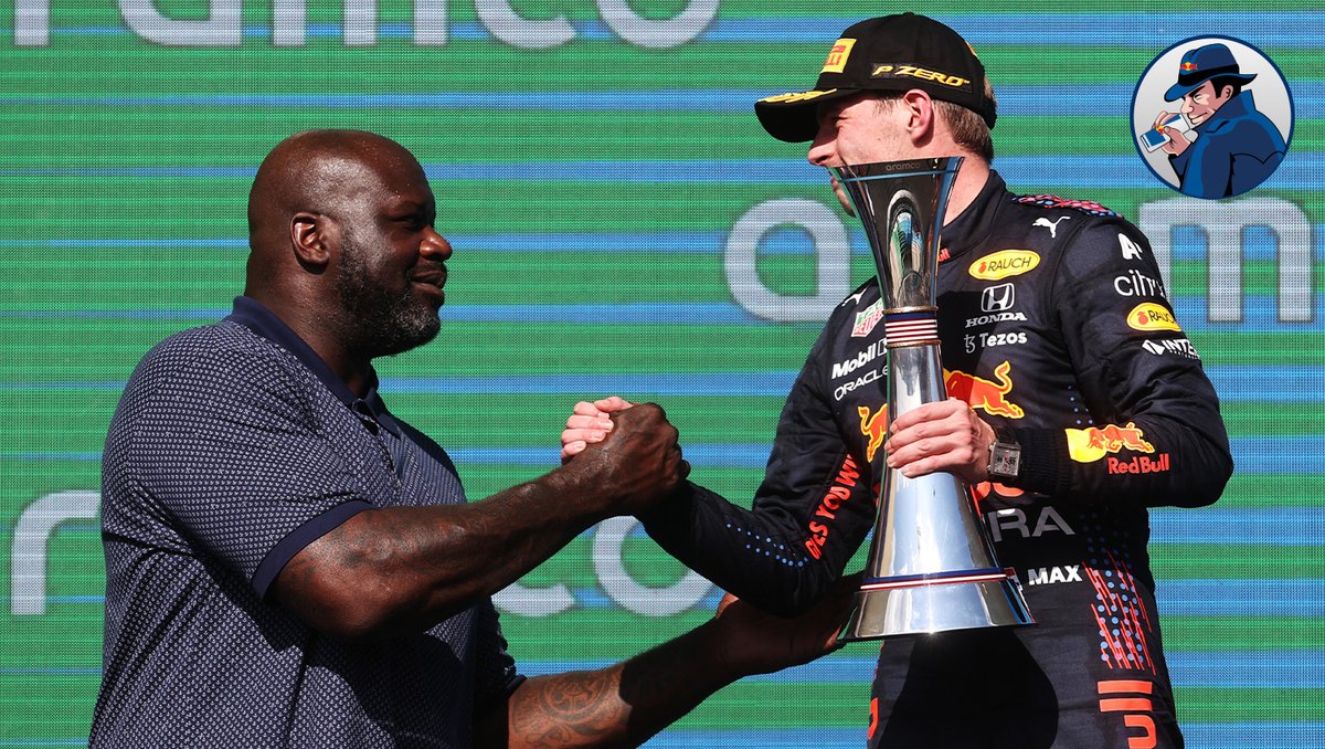 redbullracing's tweet photo. SPY: The best place to shake hands with @SHAQ? The top step of the podium... #RBSpy 🕵️ https://t.co/JudEblqDba