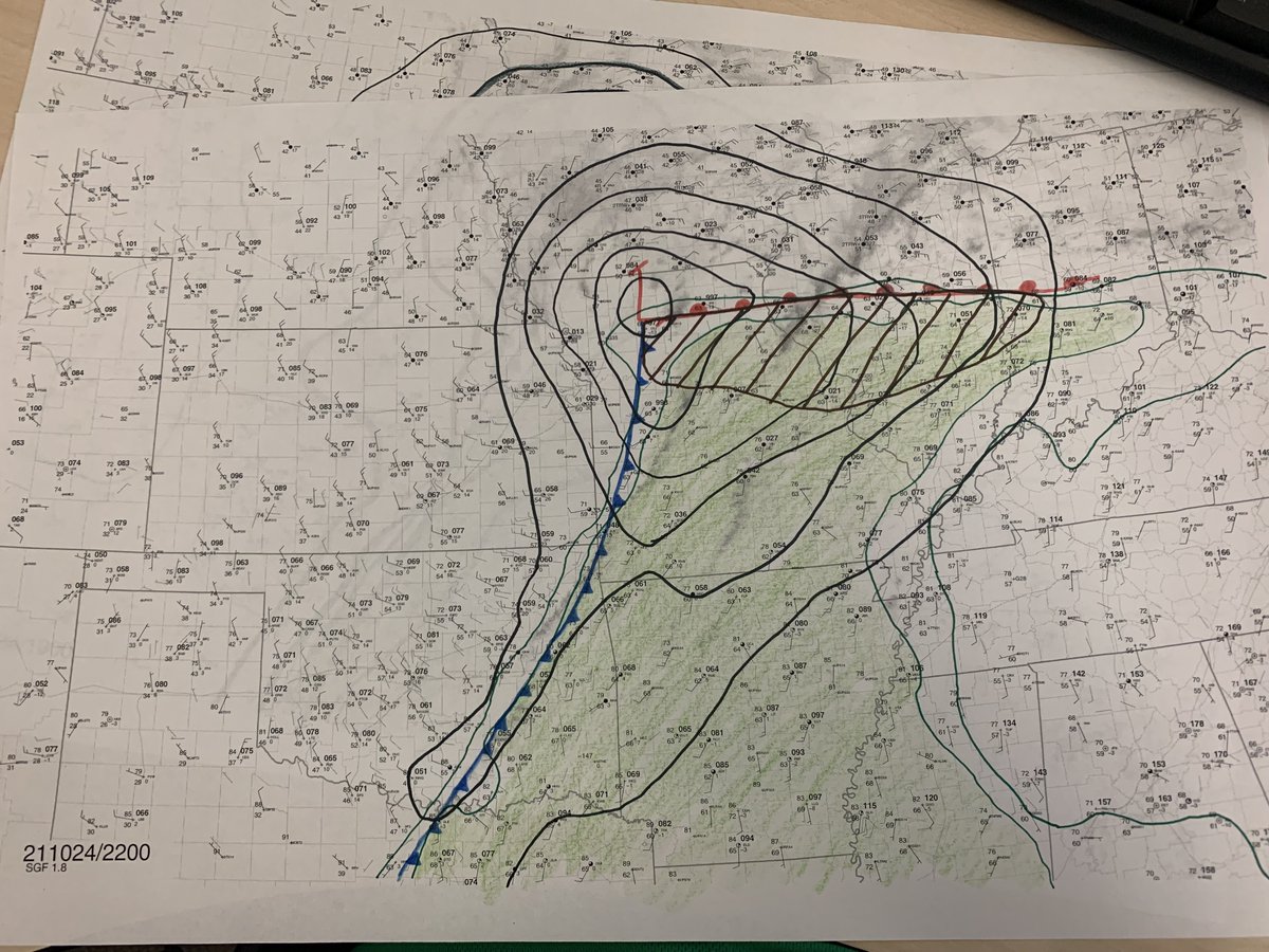 NWSSPC's tweet photo. Here is an updated surface chart from 22Z. The brown hatched region is where surface winds are backed south of the warm front. Therefore, any storms in this region will likely have a higher tornado threat than elsewhere. #MOwx #ILwx https://t.co/baWLirkfJh