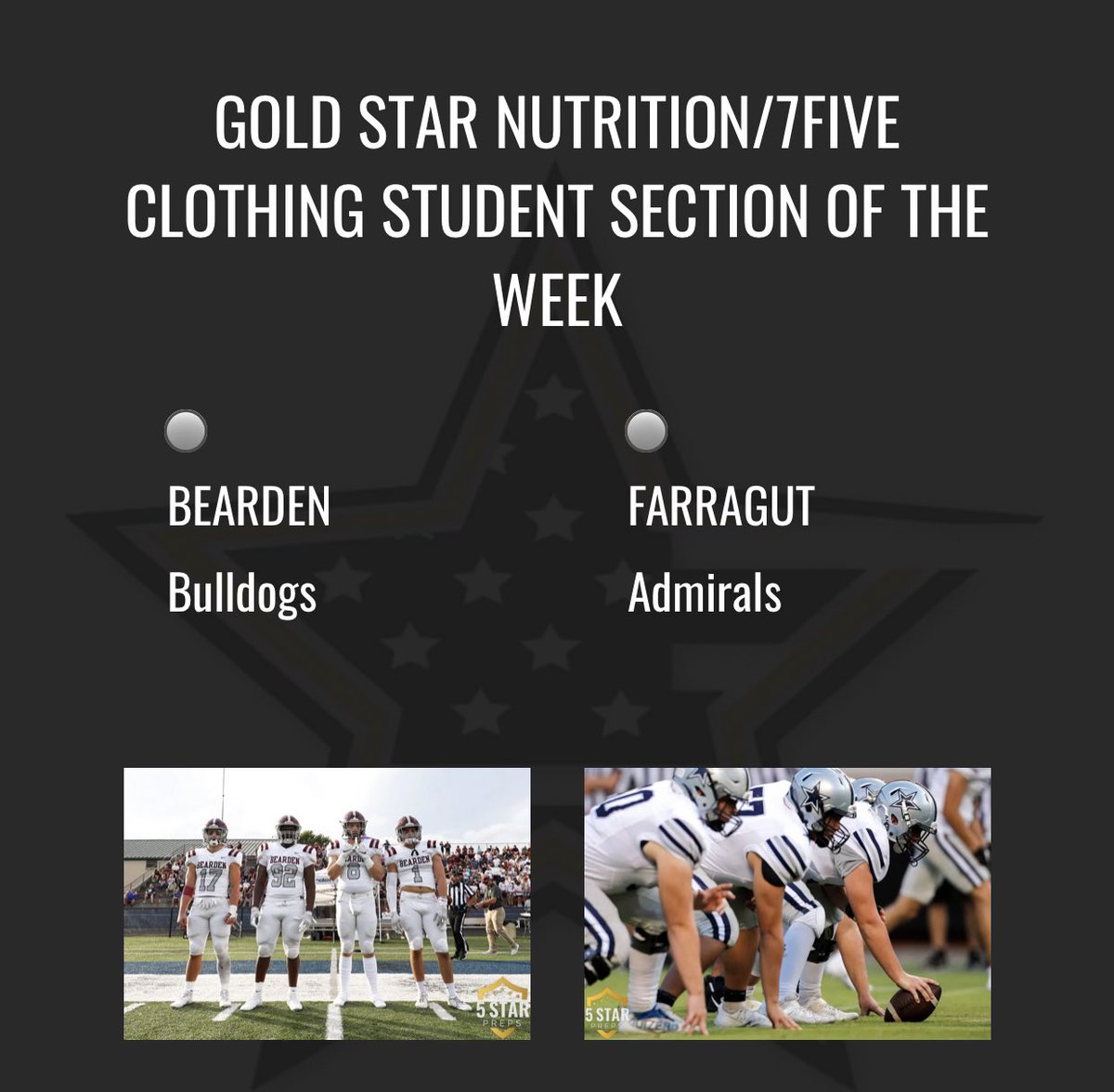 Let’s see how good this rivalry is. 

Bearden. Farragut. 

You’re up this week. 

Voting on 5StarPreps.com is open until NOON on Friday. 

Winners get 5Star Preps shirts from <a href="/GoldStarKnox1/">GoldStarKnox</a> and <a href="/7FiveClothing/">7Fiveclothing</a> and other swag.