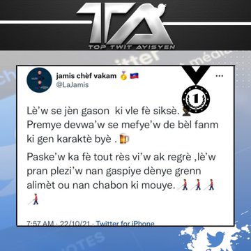 intellectvotre's tweet photo. Ekip #intellectuellement #Vôtre la ankouraje vivman,inisyativ louwab sila,ki motive de jou an jou,plis moun ekri bagay ki pozitif olye bagay ki denigran,kote ke jodi a se @LaJamis @jnclaudelbenoit ak @JnBlandine ki sòti kòm gayan,nou pwofite swete ekip @top_twit_ht an siksè.🥇🇭🇹! https://t.co/kNnwicMOfu